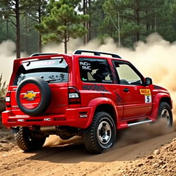 A striking red 2002 Chevy Grand Vitara designed as a World Rally Championship (WRC) car