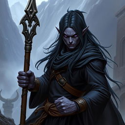 A drow monk fighter characterized by his intense demeanor and poised stature in a fantasy RPG setting