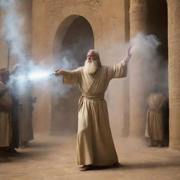 In the mesmerizing confrontation, Prophet Moses gracefully lifts his staff, then throws it onto the ground, evoking an aura of divine power that suppresses the smoke and mirrors of the pharaoh's sorcerers.