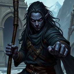 A drow monk fighter characterized by his intense demeanor and poised stature in a fantasy RPG setting