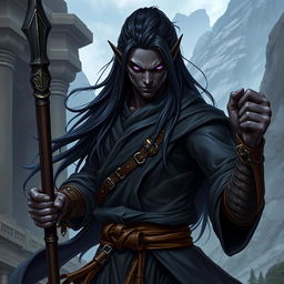 A drow monk fighter characterized by his intense demeanor and poised stature in a fantasy RPG setting