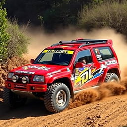 A dynamic red 2002 Chevy Grand Vitara styled as a World Rally Championship (WRC) car