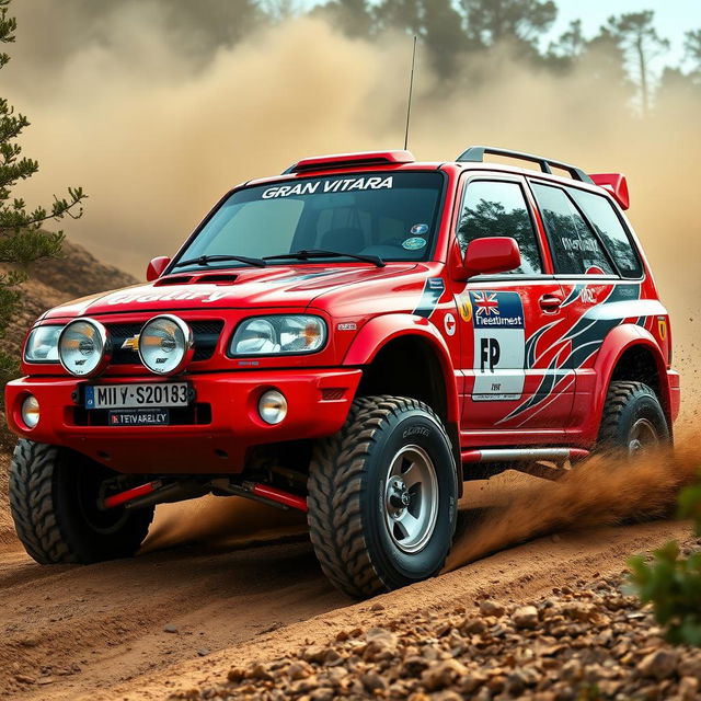 A dynamic red 2002 Chevy Grand Vitara styled as a World Rally Championship (WRC) car