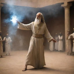 In the mesmerizing confrontation, Prophet Moses gracefully lifts his staff, then throws it onto the ground, evoking an aura of divine power that suppresses the smoke and mirrors of the pharaoh's sorcerers.