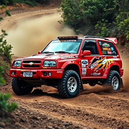 A dynamic red 2002 Chevy Grand Vitara styled as a World Rally Championship (WRC) car