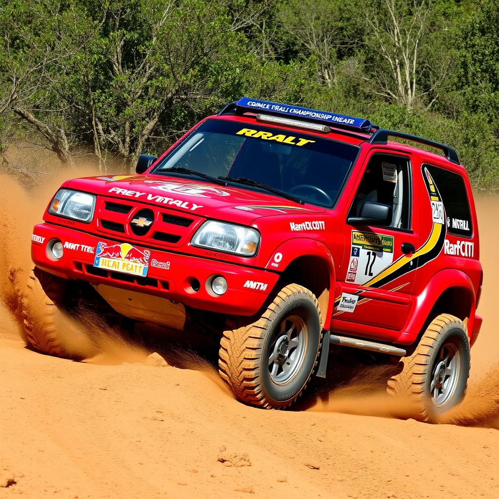 A dynamic red 2002 Chevy Grand Vitara styled as a World Rally Championship (WRC) car