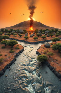An aerial view of a 3D A5 landscape featuring a river flowing from the bottom to the top of the canvas