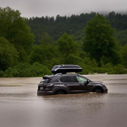 An SUV submerged up to its roof in a flooded river, encapsulating a dramatic image of extreme natural events.