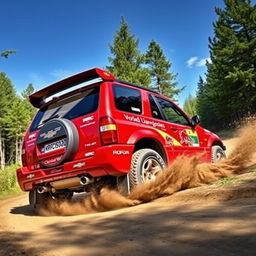 A striking red 4-door 2002 Chevrolet Grand Vitara transformed into a World Rally Championship (WRC) car