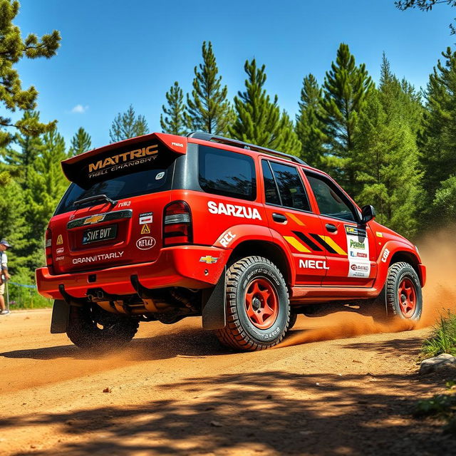 A striking red 4-door 2002 Chevrolet Grand Vitara transformed into a World Rally Championship (WRC) car