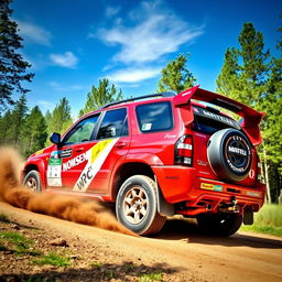 A striking red 4-door 2002 Chevrolet Grand Vitara transformed into a World Rally Championship (WRC) car