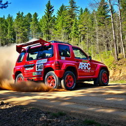 A striking red 4-door 2002 Chevrolet Grand Vitara transformed into a World Rally Championship (WRC) car