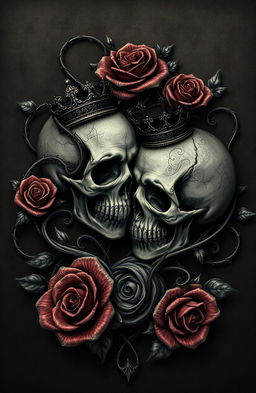 A dark romance scene featuring intricately designed skulls entwined with roses, showcasing gothic swirls and patterns