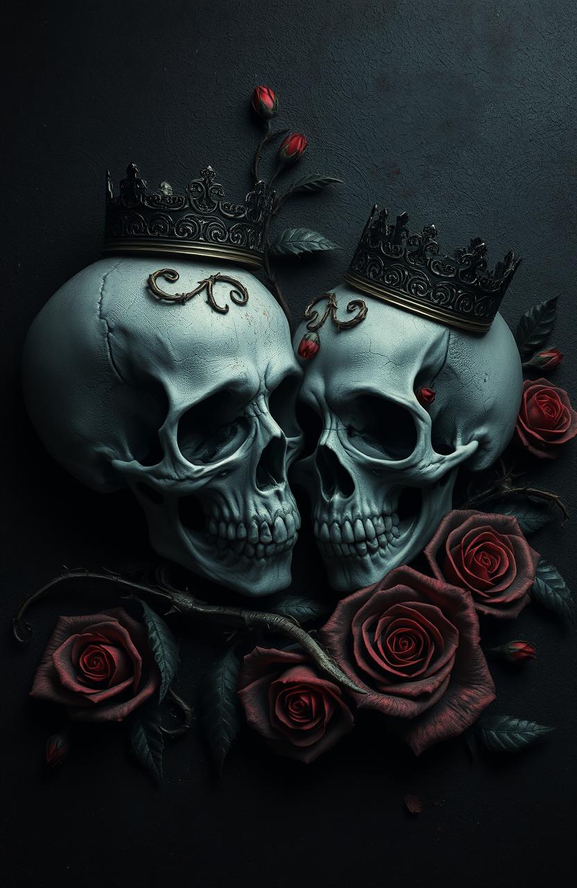 A dark romance scene featuring intricately designed skulls entwined with roses, showcasing gothic swirls and patterns