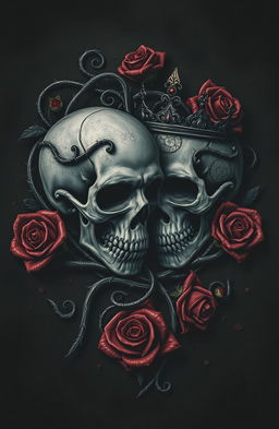 A dark romance scene featuring intricately designed skulls entwined with roses, showcasing gothic swirls and patterns