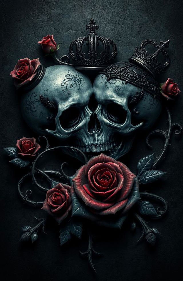 A dark romance scene featuring intricately designed skulls entwined with roses, showcasing gothic swirls and patterns