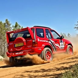 A vivid red 4-door 2002 Chevrolet Grand Vitara designed as a World Rally Championship (WRC) car