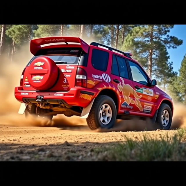 A vivid red 4-door 2002 Chevrolet Grand Vitara designed as a World Rally Championship (WRC) car