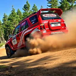A vivid red 4-door 2002 Chevrolet Grand Vitara designed as a World Rally Championship (WRC) car