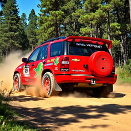 A vivid red 4-door 2002 Chevrolet Grand Vitara designed as a World Rally Championship (WRC) car