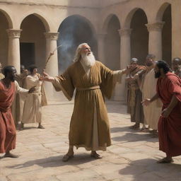 In the heart of the courtyard, amidst the silent crowd, Prophet Moses confidently throws his staff onto the ground, enlivening the air with a divine charge that suppresses any sorcerer's trickery.