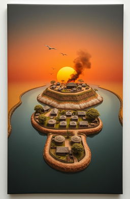 Aerial view of a 3D A5 size artwork depicting a river flowing through a landscape