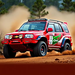 A vibrant red 4-door 2002 Chevy Grand Vitara modified for World Rally Championship (WRC) racing, showcasing heavy-duty off-road tires, a sleek aerodynamic body kit with sponsor logos, a prominent rear spoiler, and rally lights mounted on the front