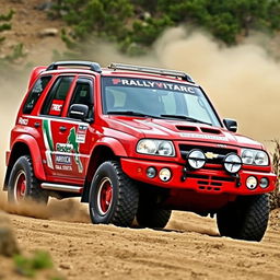 A vibrant red 4-door 2002 Chevy Grand Vitara modified for World Rally Championship (WRC) racing, showcasing heavy-duty off-road tires, a sleek aerodynamic body kit with sponsor logos, a prominent rear spoiler, and rally lights mounted on the front