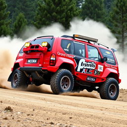 A vibrant red 4-door 2002 Chevy Grand Vitara modified for World Rally Championship (WRC) racing, showcasing heavy-duty off-road tires, a sleek aerodynamic body kit with sponsor logos, a prominent rear spoiler, and rally lights mounted on the front