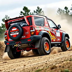 A vibrant red 4-door 2002 Chevy Grand Vitara modified for World Rally Championship (WRC) racing, showcasing heavy-duty off-road tires, a sleek aerodynamic body kit with sponsor logos, a prominent rear spoiler, and rally lights mounted on the front