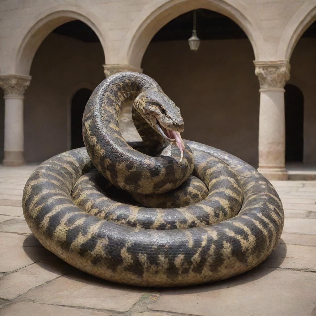 In the courtyard's heart, the staff of Prophet Moses spectacularly transforms into a gargantuan snake, radiating divine power, which devours the smaller snakes produced by the magicians' illusions.