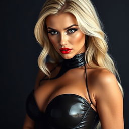 A gorgeous captivating blonde woman wearing a skintight latex catsuit that hugs her curves, showcasing her perfect tanned skin