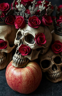A collection of intricately detailed human skulls adorned with dark red roses intertwined throughout their structure