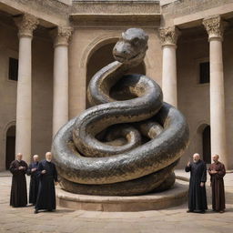 In the courtyard's heart, the staff of Prophet Moses spectacularly transforms into a gargantuan snake, radiating divine power, which devours the smaller snakes produced by the magicians' illusions.