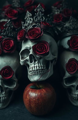 A collection of intricately detailed human skulls adorned with dark red roses intertwined throughout their structure