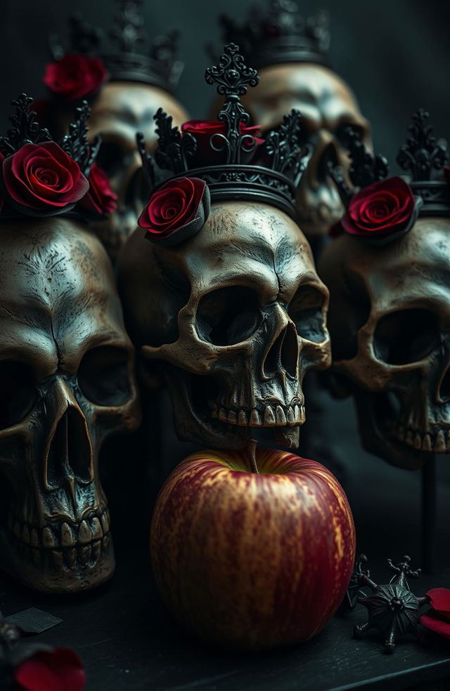 A collection of intricately detailed human skulls adorned with dark red roses intertwined throughout their structure