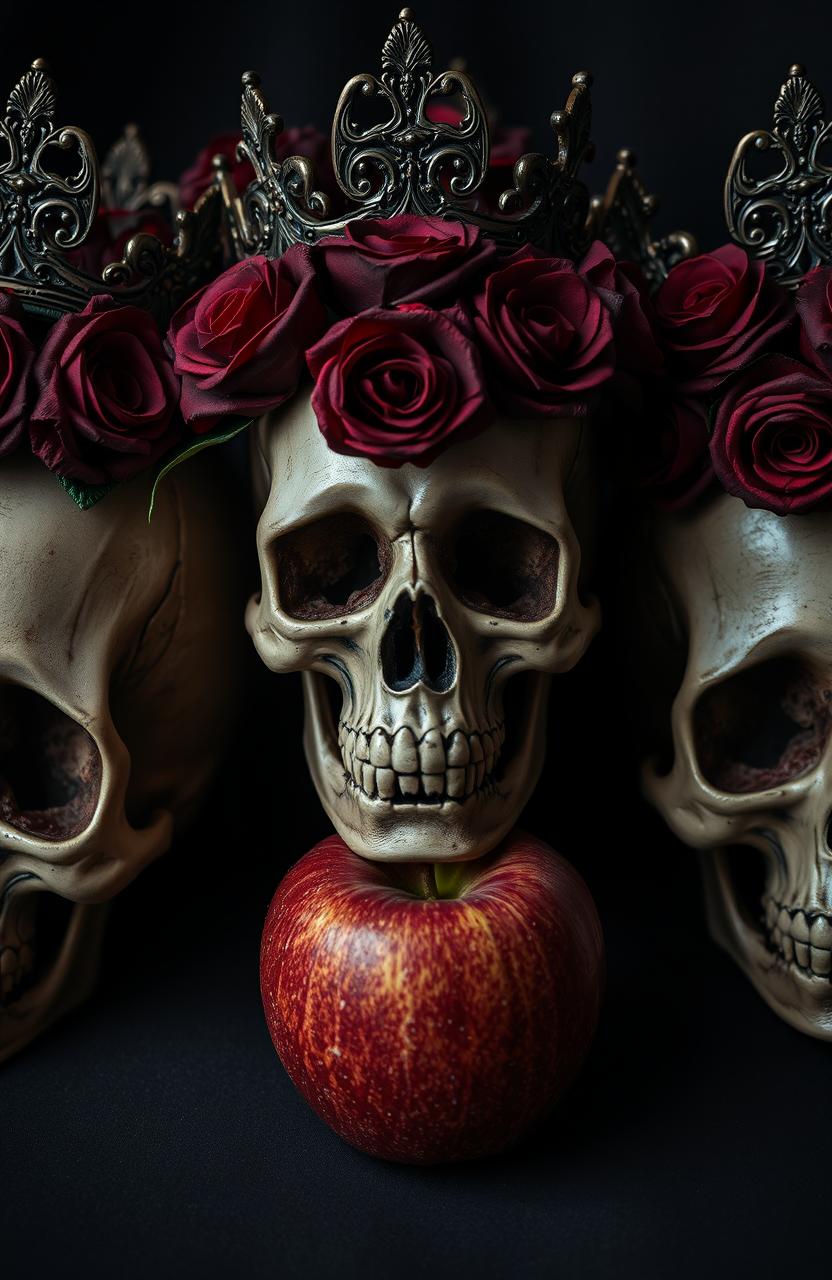 A collection of intricately detailed human skulls adorned with dark red roses intertwined throughout their structure