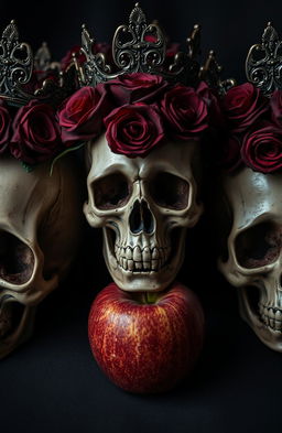 A collection of intricately detailed human skulls adorned with dark red roses intertwined throughout their structure