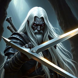 A striking depiction of Drizzt Do'Urden, the legendary drow warrior from fantasy RPG lore