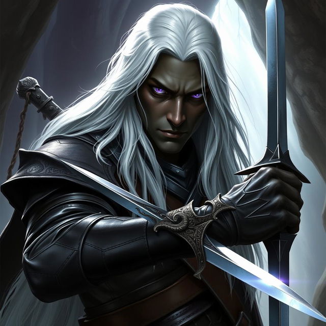 A striking depiction of Drizzt Do'Urden, the legendary drow warrior from fantasy RPG lore