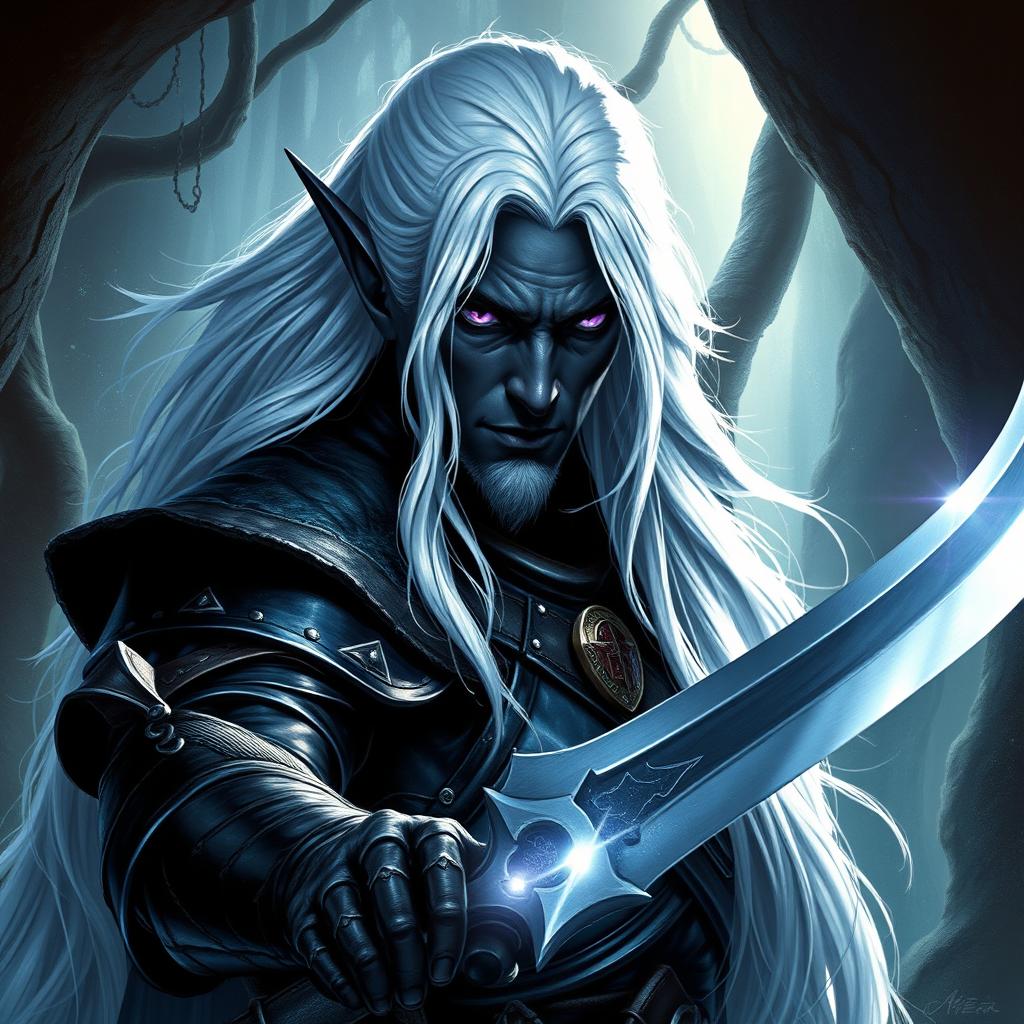 A striking depiction of Drizzt Do'Urden, the legendary drow warrior from fantasy RPG lore