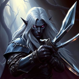A striking depiction of Drizzt Do'Urden, the legendary drow warrior from fantasy RPG lore