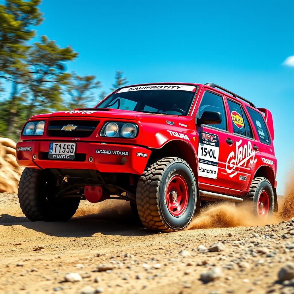 A striking red 4-door 2002 Chevy Grand Vitara designed as a World Rally Championship (WRC) car, prominently featuring a lightweight body kit, aggressive styling, oversized rally tires, and a detailed racing livery with sponsor decals