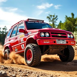 A striking red 4-door 2002 Chevy Grand Vitara designed as a World Rally Championship (WRC) car, prominently featuring a lightweight body kit, aggressive styling, oversized rally tires, and a detailed racing livery with sponsor decals