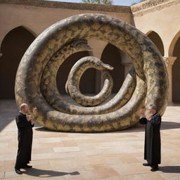 In the courtyard's heart, the staff of Prophet Moses spectacularly transforms into a gargantuan snake, radiating divine power, which devours the smaller snakes produced by the magicians' illusions.