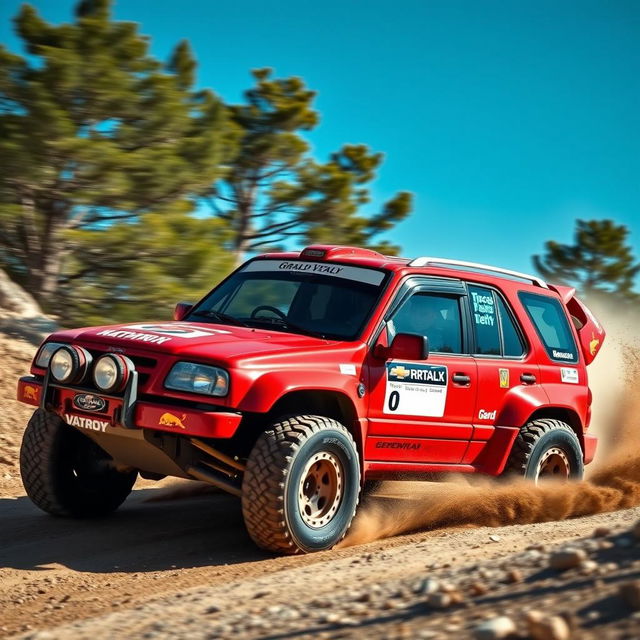 A striking red 4-door 2002 Chevy Grand Vitara designed as a World Rally Championship (WRC) car, prominently featuring a lightweight body kit, aggressive styling, oversized rally tires, and a detailed racing livery with sponsor decals