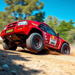 A striking red 4-door 2002 Chevy Grand Vitara designed as a World Rally Championship (WRC) car, prominently featuring a lightweight body kit, aggressive styling, oversized rally tires, and a detailed racing livery with sponsor decals