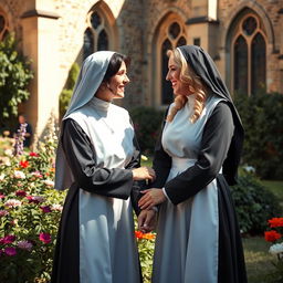 A serene scene featuring two beautiful lesbian nuns in an intimate moment, set in a lush, sunlit garden around a historic convent