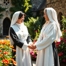 A serene scene featuring two beautiful lesbian nuns in an intimate moment, set in a lush, sunlit garden around a historic convent