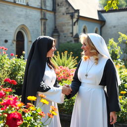 A serene scene featuring two beautiful lesbian nuns in an intimate moment, set in a lush, sunlit garden around a historic convent